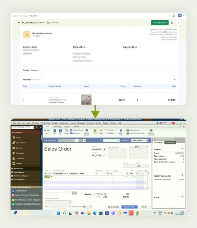 An order placed on WizOrder is reflected in real time in QuickBooks An order placed on WizOrder is reflected in real time in QuickBooks