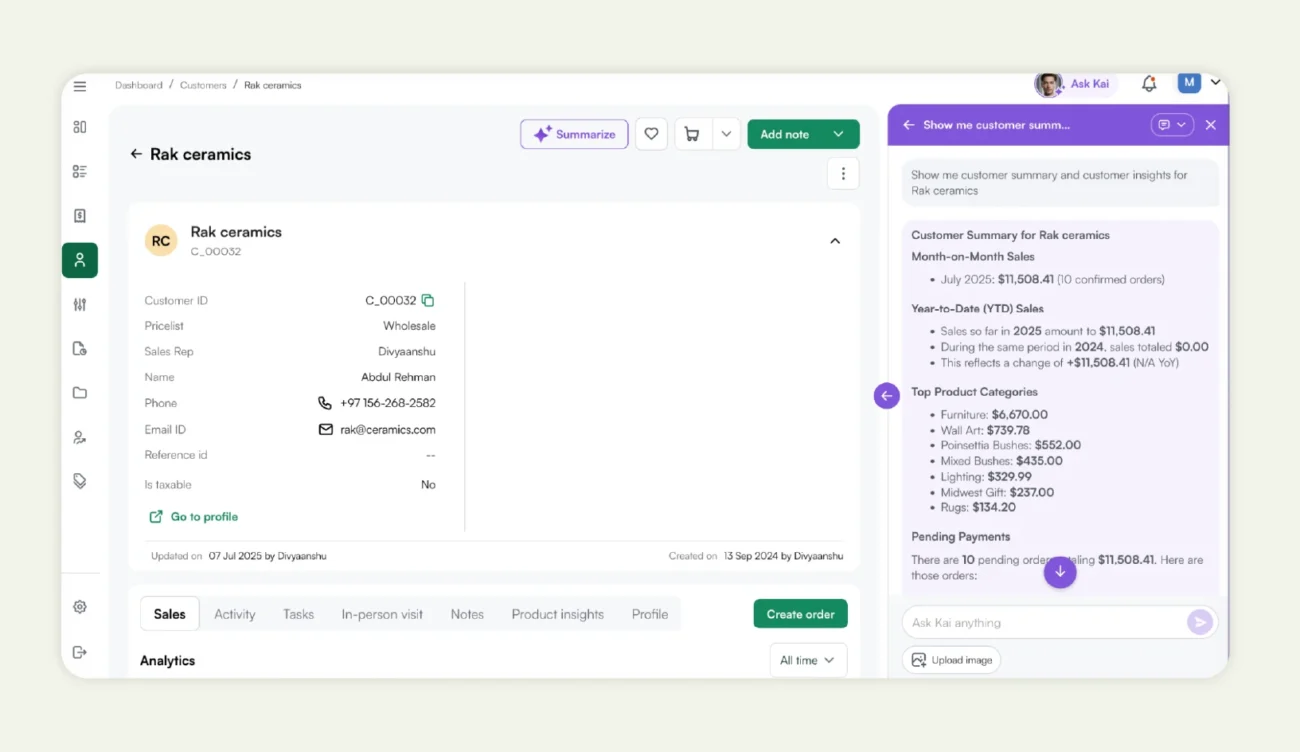 AI sales assistant interface for B2B sales reps - Kai chatbot helping with customer data and recommendations