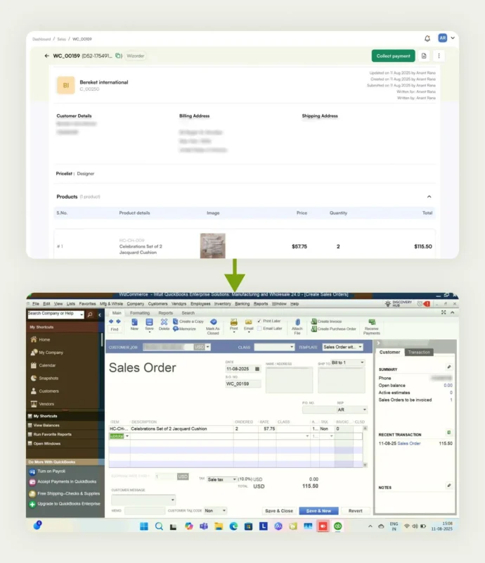 An order placed on WizOrder is reflected in real time in QuickBooks An order placed on WizOrder is reflected in real time in QuickBooks