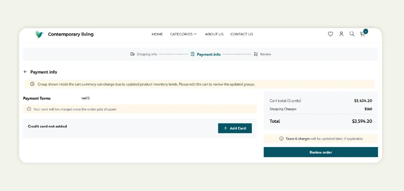 B2B ecommerce checkout page with flexible payment terms - advanced alternative to WooCommerce vs Shopify