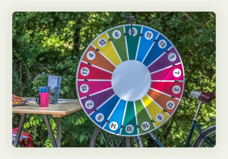 Colorful spinning prize wheel to spin at trade show booth