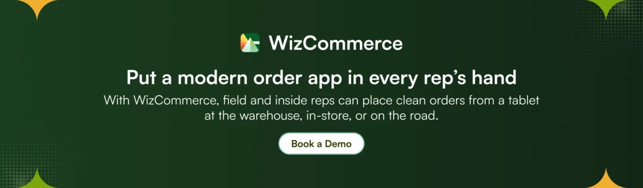  Field rep using WizCommerce on a tablet to place an order during a customer visit.