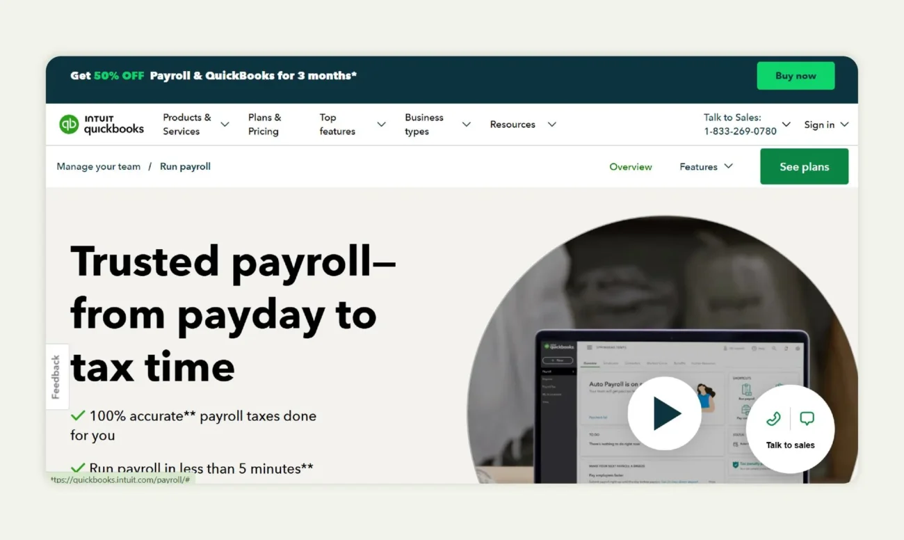 Homepage of Intuit Online Payroll