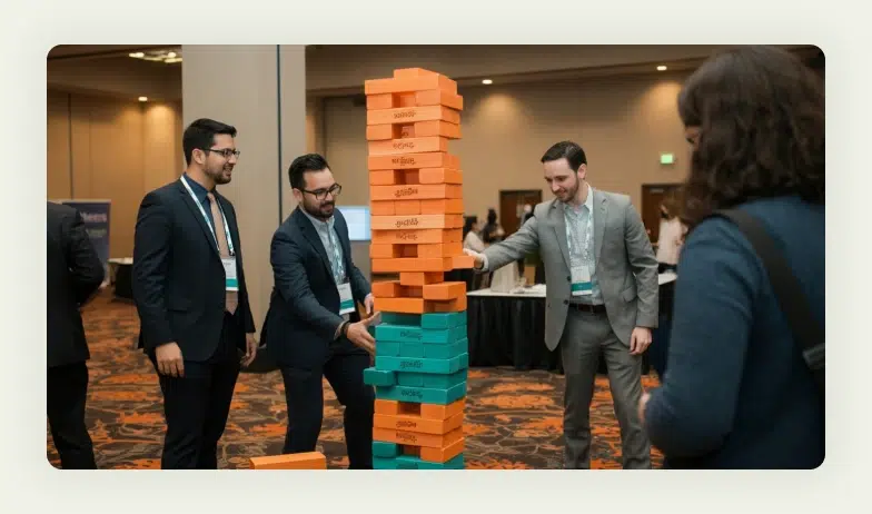 Large wooden Jenga tower with branded blocks at trade show booth