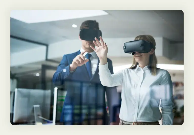 Professional wearing VR headset experiencing virtual reality game at trade show