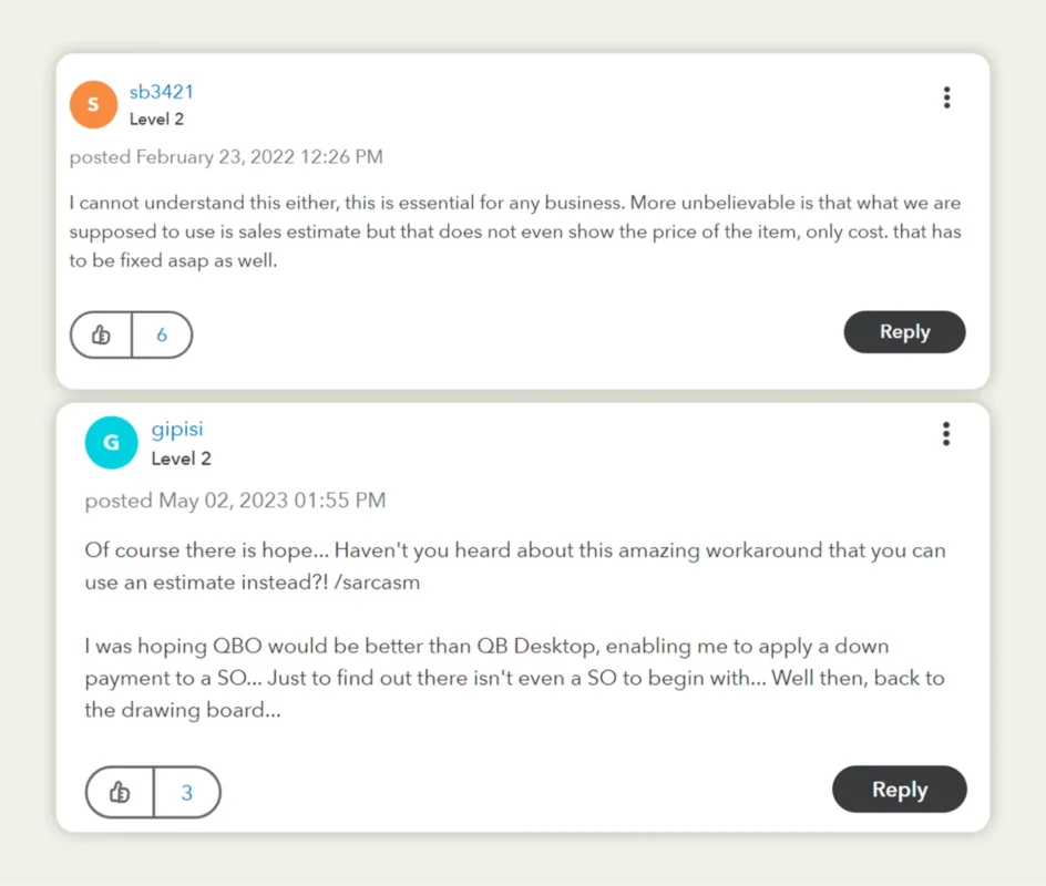  QuickBooks Online user discontent on sales order support 