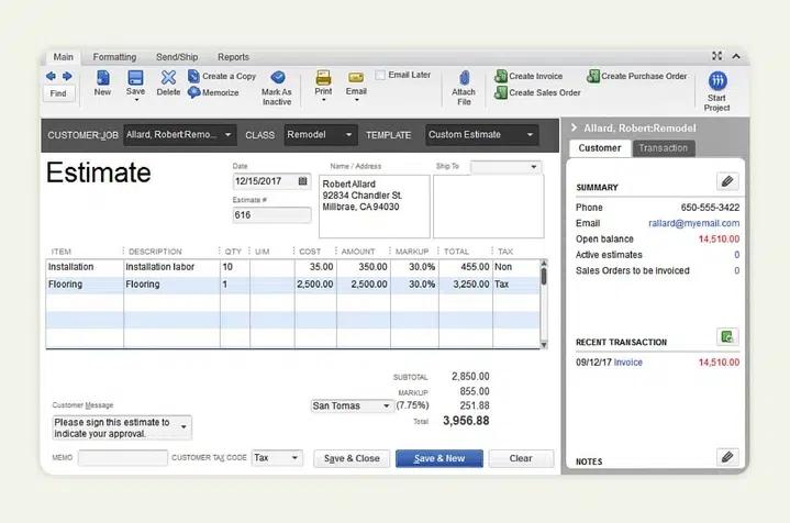QuickBooks estimate template
