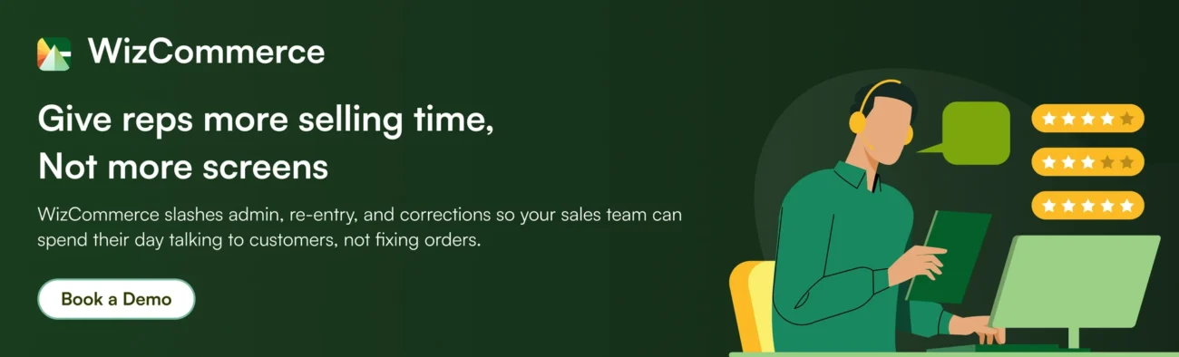 Sales rep dashboard in WizCommerce showing time saved and more completed orders