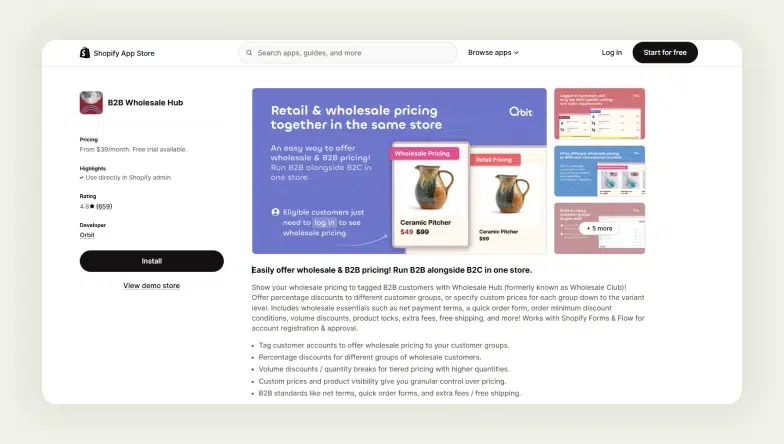 Screenshot of the Shopify App Store page of B2B Wholesale Hub
