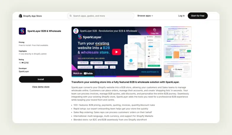 Screenshot of the Shopify App Store page of SparkLayer B2B & Wholesale