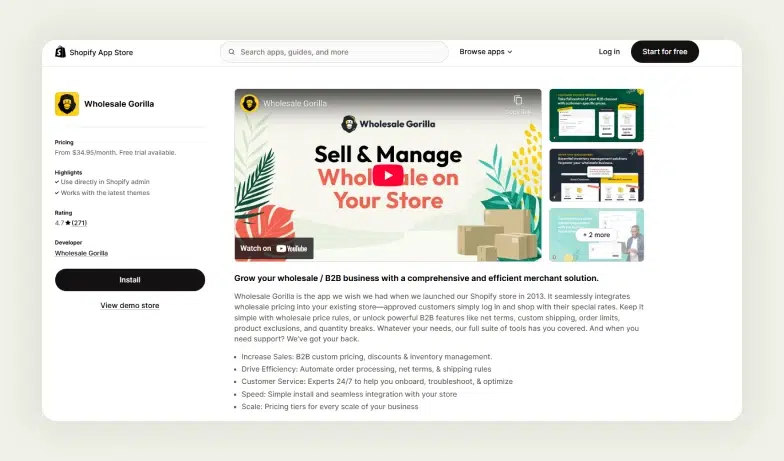 Screenshot of the Shopify App Store page of Wholesale Gorilla