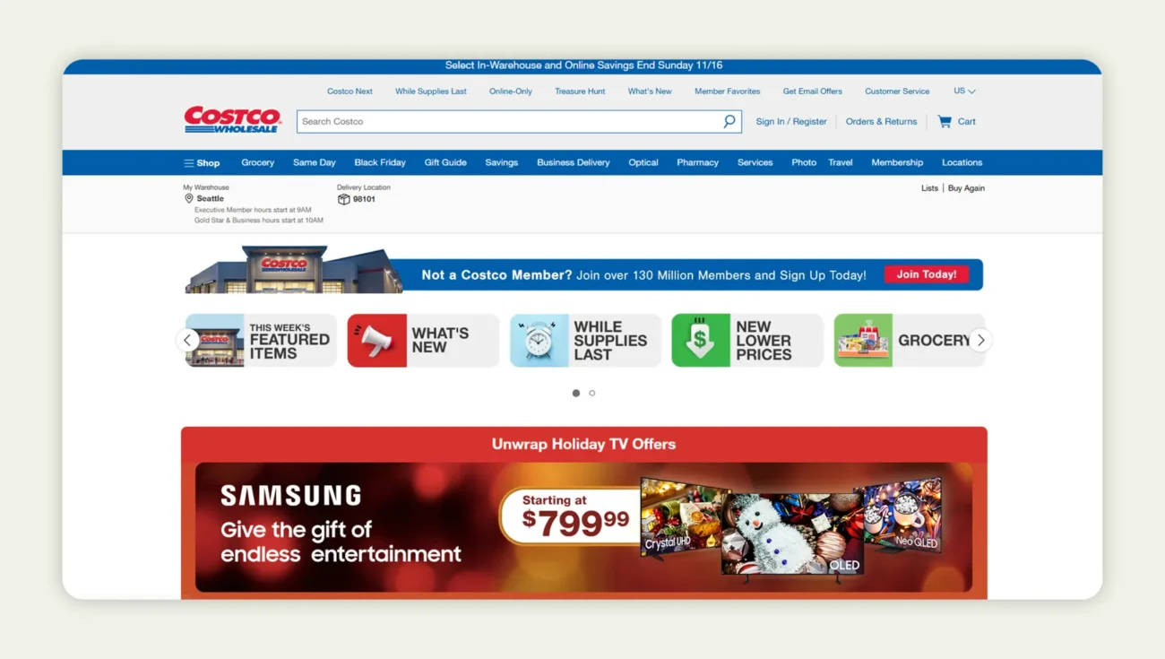 Screenshot of the home page of Costco Wholesale Screenshot of the home page of Costco Wholesale