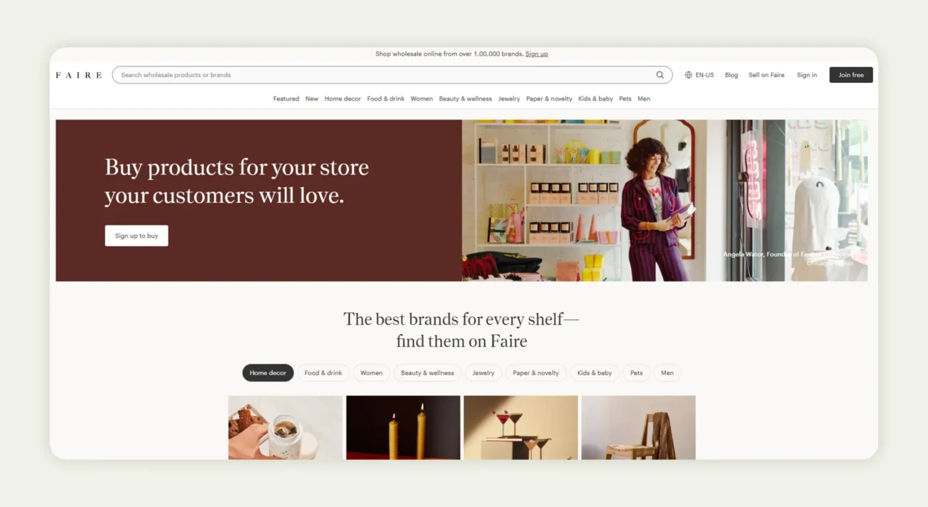 Screenshot of the home page of Faire Screenshot of the home page of Faire
