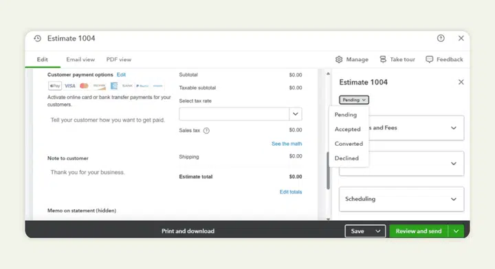 Status of estimate after customer approval