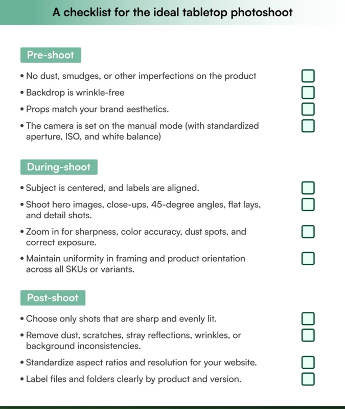 Tabletop photography checklist Tabletop photography checklist