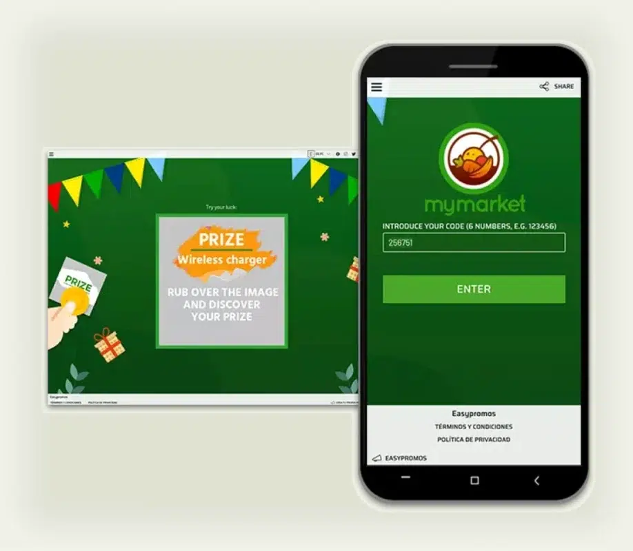 Trade show attendee using tablet for digital scratch-off game at company booth