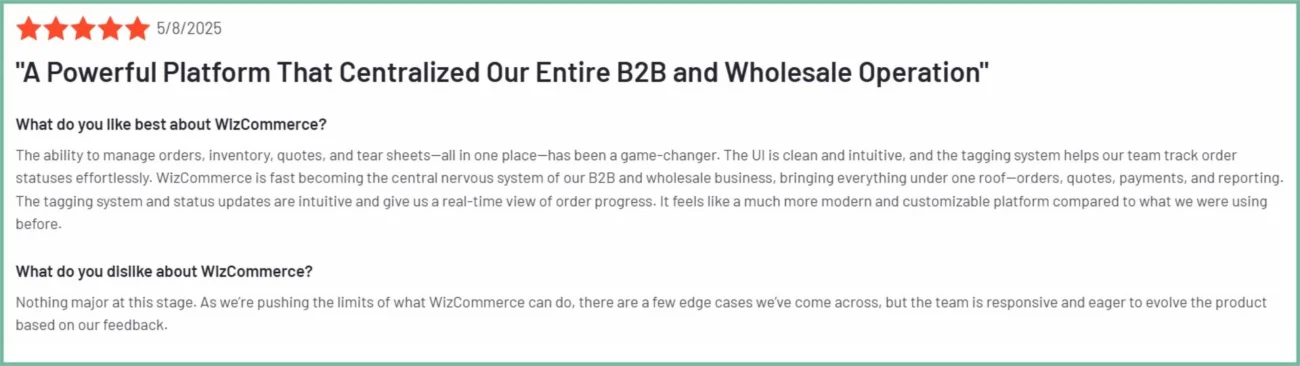 User review of WizCommerce on G2 User review of WizCommerce on G2