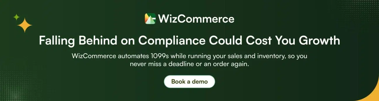 Visuals showing WizCommerce manages business functions, including 1099 automation with QuickBooks synchronization.