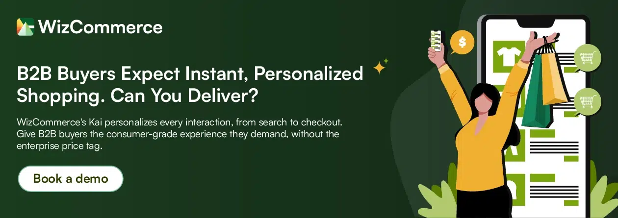 WizCommerce personalized B2B buyer experience featuring AI search, product recommendations, and instant chatbot support