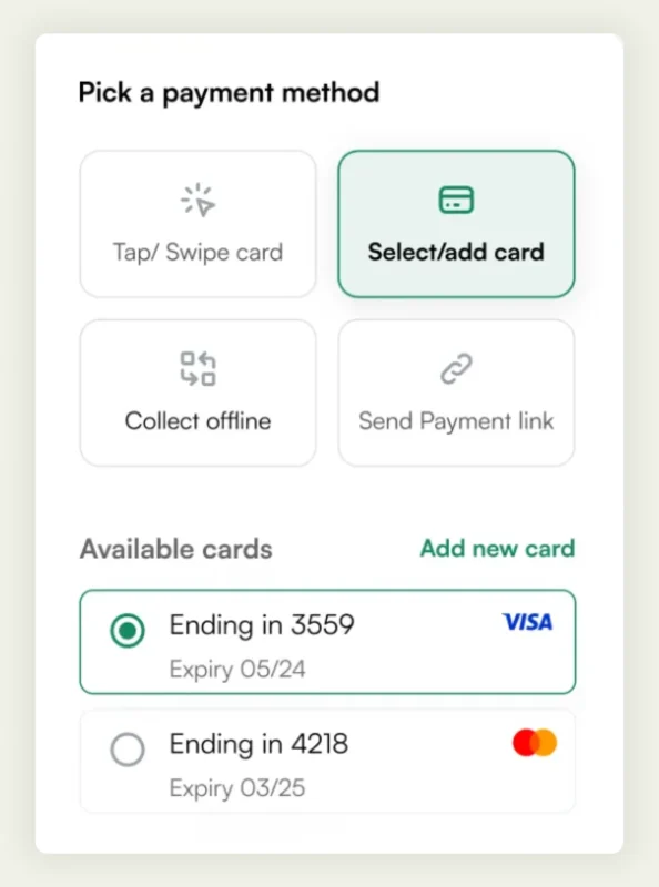  WizPay checkout screen with secure card storage and multiple payment options. 