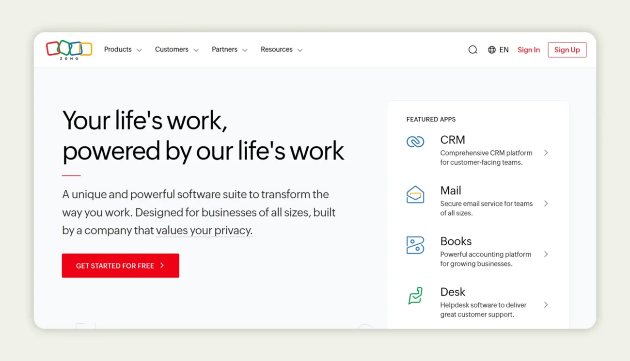 Zoho CRM homepage