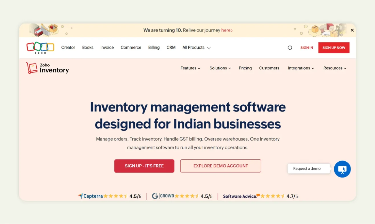 Zoho Inventory homepage 