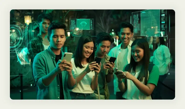 Trade show visitor checking items off scavenger hunt list with smartphone